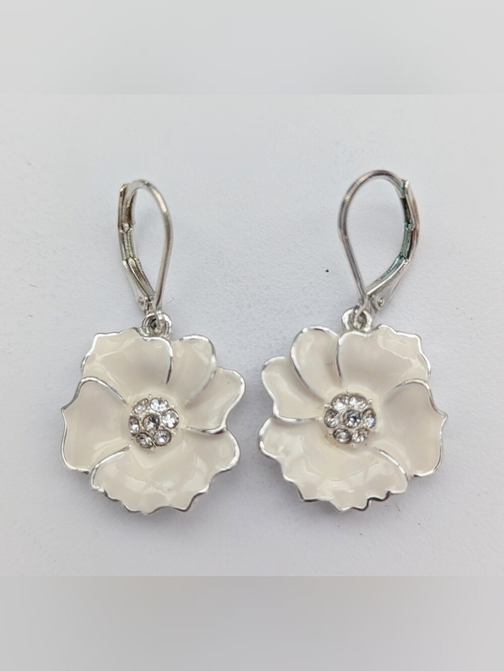 Vintage Swarovski Cream Enamel Flower Drop Dangling Earrings w/Crystal Centers